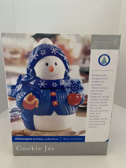 Brand New Home Trends Homespun Holiday Collection Blue Snowman Cookie Jar