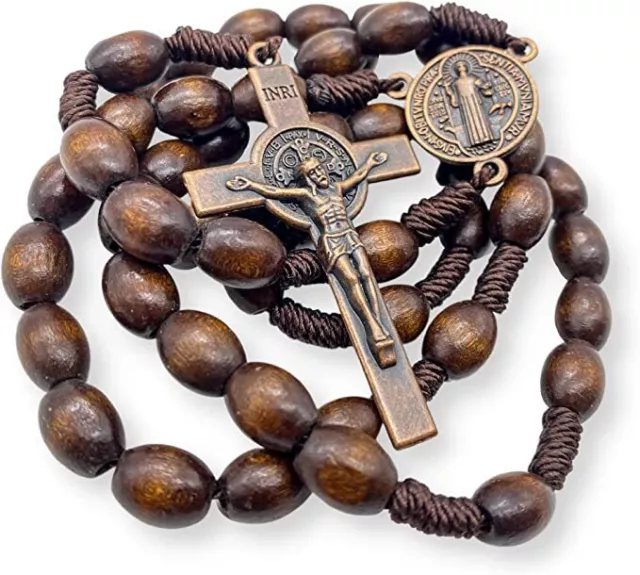 St Benedict Wood Rosary Cord Beaded Chaplet Wood Beads Saint Medal & Cross