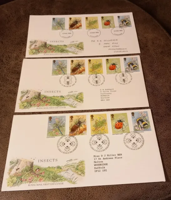 GB 1985 INSECTS GPO FIRST DAY COVER, FDC,  various postmarks