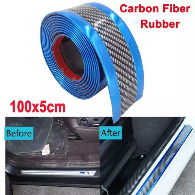 Car Sticker Carbon Fiber Blue Rubber Door Sill Protector Edge Guard Strip 5CM*1M