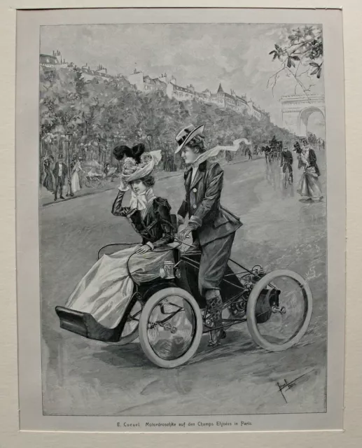 Automobil, Motordroschke - Champs Elysees Paris - Holzstich nach Cucuel um 1899