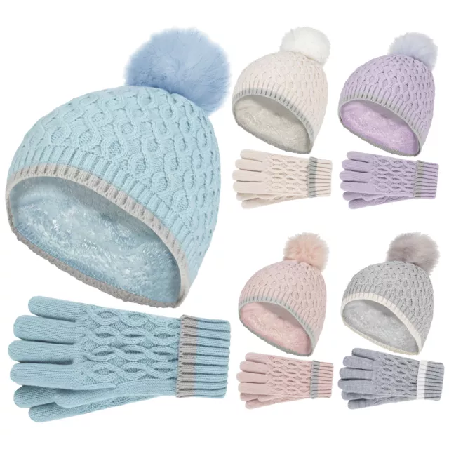 Heat Holders - Girls Thermal Insulated Pom Pom Bobble Beanie Hat and Gloves