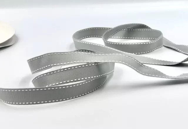 GREY Grosgrain Ribbon w White Saddle Stitch 5m x 15mm  Double sided AU