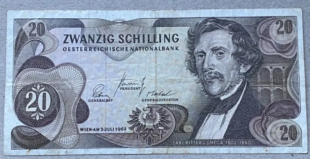 Sammlerstück Zwanzig Schilling Banknote 1967,  Österreich