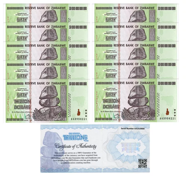 Zimbabwe 50 TRILLION DOLLAR BILL AA/2008 uncirculated 100% COA genuine 10 bills!