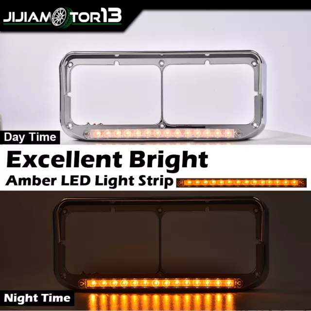 Chrome Headlight Bezels Fit For Kenwroth T600 T800 W900 Amber Light w/ Clear Bar 3