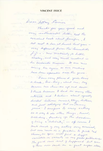 Vincent Price ~ Signed letter, 1992 ~ discussing his career & Jennifer Jones