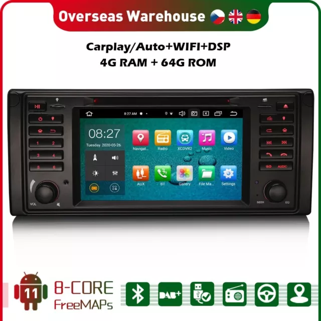 8-Kern Android 11 Autoradio Navi GPS DAB+CarPlay OBD WIFI Für BMW 5er E39 X5 E53