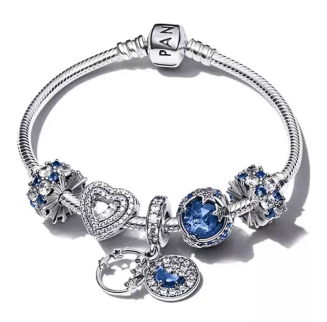 Genuine Pandora Silver Snake Chain Bracelet Blue Moon Stars 4 charms gifts AU