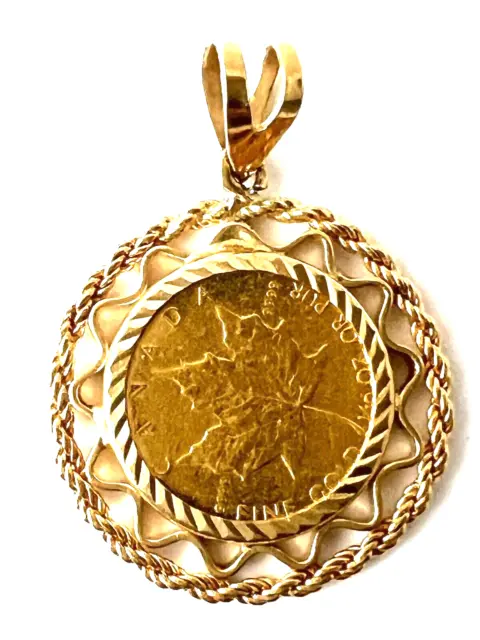 1/10 oz 9999 Fine Gold 1982 Maple Leaf Coin 14k Gold Rope Bezel Pendant 5.7gr