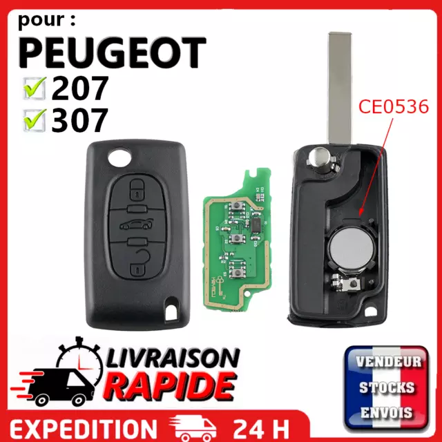 Clé vierge 2 boutons CE0536 Peugeot 207, 307 fréquence ASK PCF7961