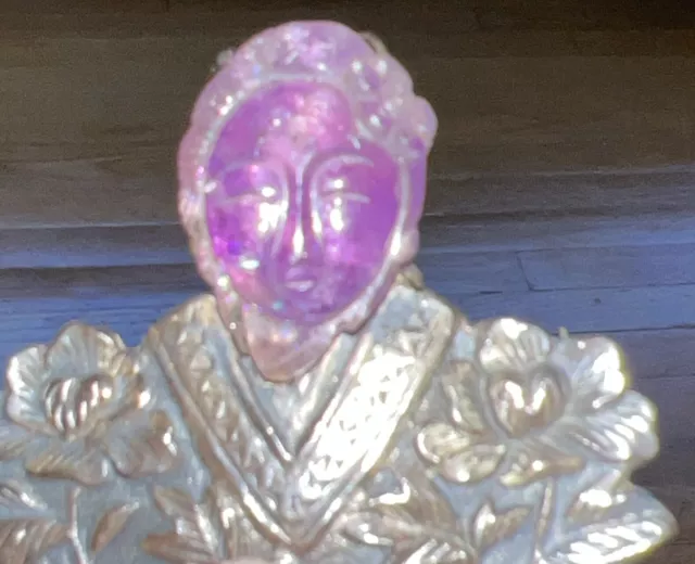 Antique Chinese Silver Carved Amethyst Woman Detailed Brooch