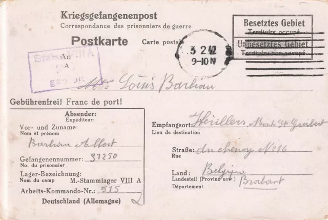 724489) DR Kriegsgefangenenpostkt. 2. WK Stalag VIIIA Görlitz nach Belgien