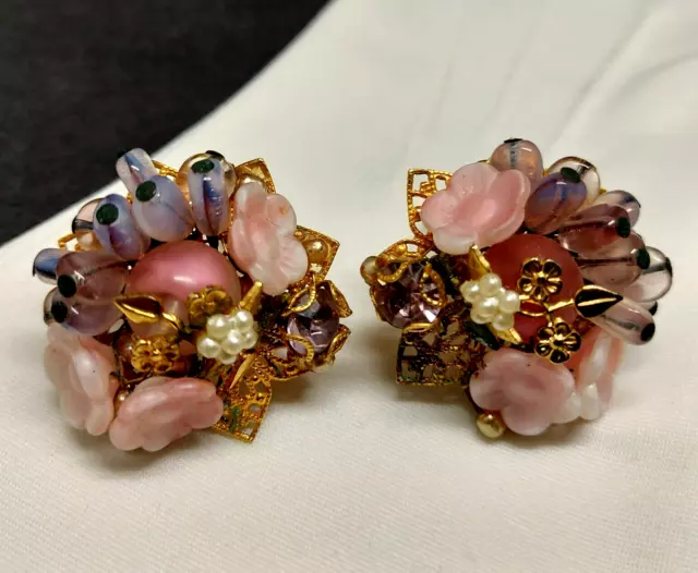 Vintage Miriam Haskell Style Gold Tone Pink Bead Floral Cluster Clip on Earrings