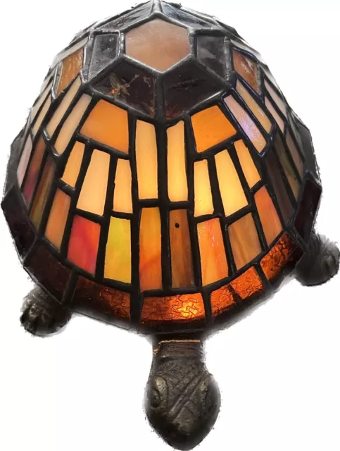 Vintage Stained Glass Tiffany Style Brass Turtle Table Lamp Night Light