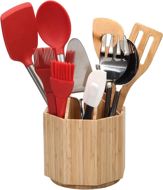 Bamboo Rotating Utensil Holder & Kitchen Organizer, Multiple Compartments, 8 Sec