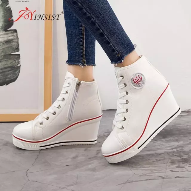 New Lady's High Top Wedge Heel Sneakers Women Pumps Lace Up Sport Shoes Canvas