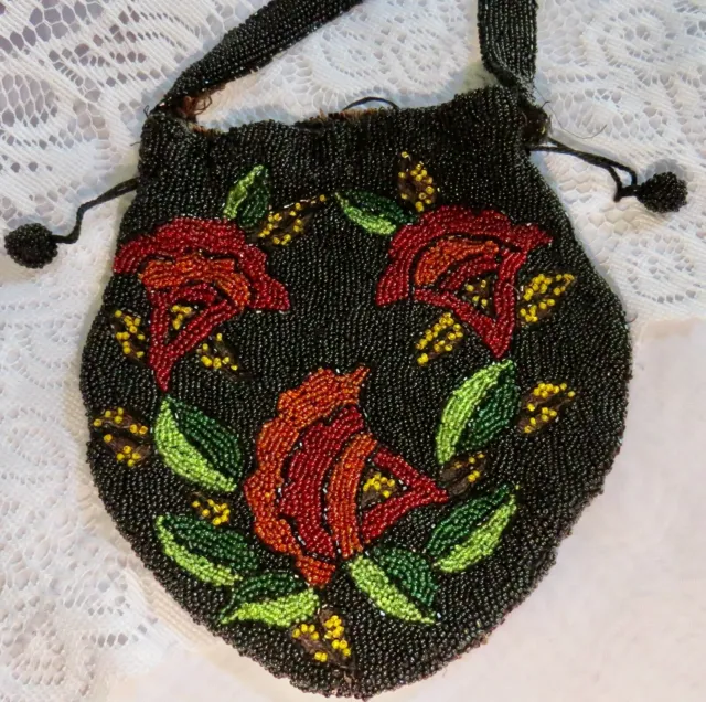 Antique Victorian Purse Handbag with Mirror - Floral Beaded Drawstring 1800s