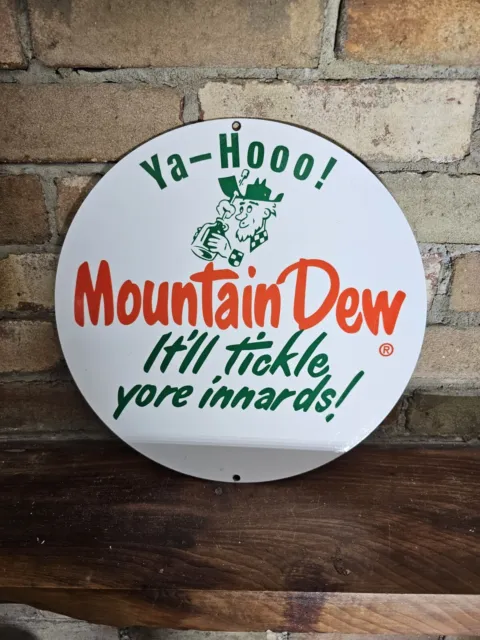 1960'S Mountain Dew Porcelain Soda Bottles Service Beverage Sign 12" In Diameter