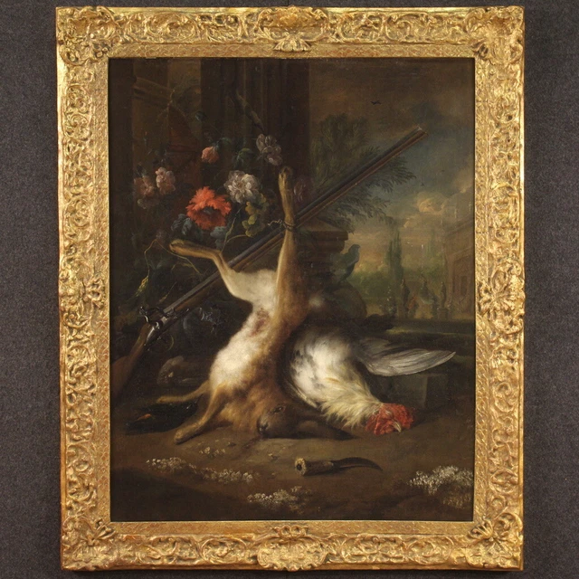 Bodegon antiguo caza inglés pintura oleo sobre lienzo cuadro siglo XVII 600