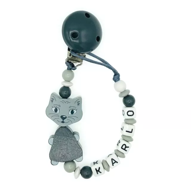 Schnullerkette mit Namen 🌸 KATZE 🌸 Junge 🌸 Baby 🌸 Nuckelkette 🌸 Geschenk 🌸