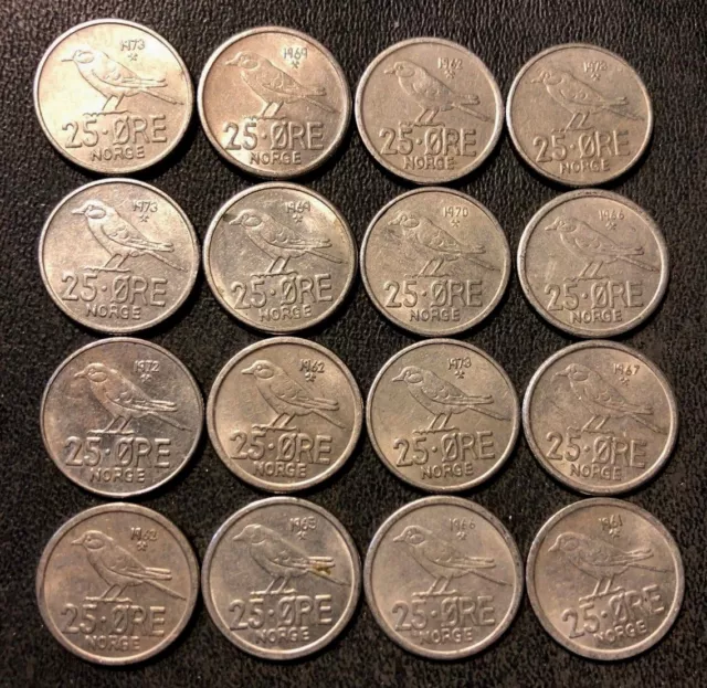 Vintage Norway Coin Lot - 25 ORE - BIRD SERIES - 16 Uncommon Coins - FREE SHIP