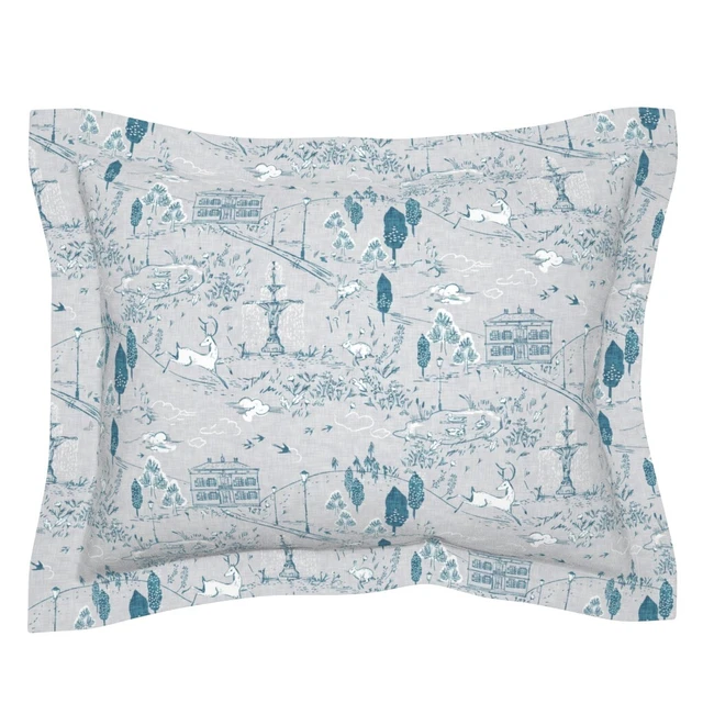 Blue Toile Country French Deer Rabbit Nursery Unisex Pillow Sham by Spoonflower