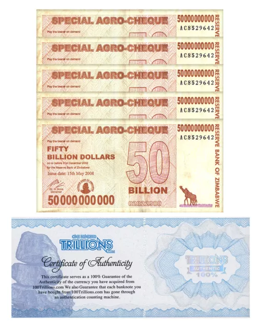 5 Zimbabwe 50 Billion Special Agro Cheque banknote 2008, P-63 USED COA