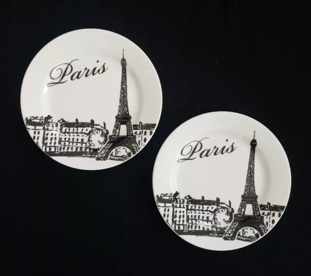 2 Ciroa Paris Eiffel Tower Porcelain Appetizer Plates, Black and White, 6"
