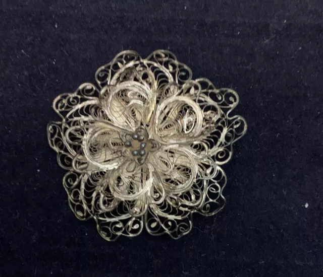 Vintage Sterling Silver Floral  Filigree  Brooch Hecho En Mano