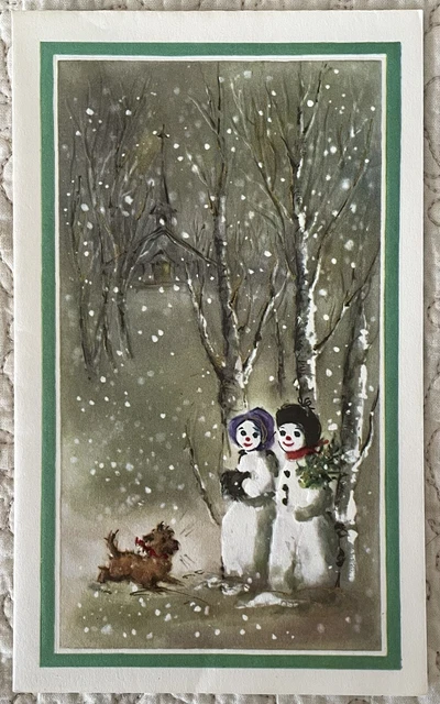 Unused Christmas Snowman Couple Woods Dog Gold Vintage Greeting Card 1960s 1970s