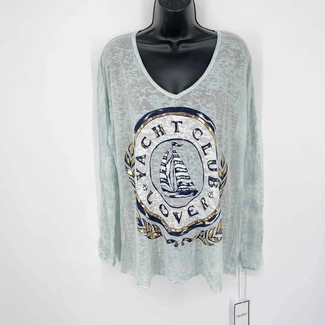 Lauren Moshi Mona V-Neck w/ Cuff Foil Yacht Club T-shirt NEW Size S Blue Burnout