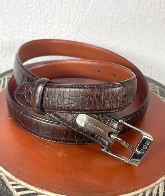 Ralph Lauren Silver Logo Buckle Alligator Embossed Leather Womens Belt Size L