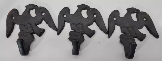 (3) Hand Cast Iron Coat Hooks American Eagle, Hat Rack Hall Entry Way Towel Bath