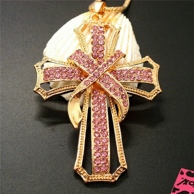 Pink Rhinestone Cross Bling Crystal Pendant Betsey Johnson Necklace