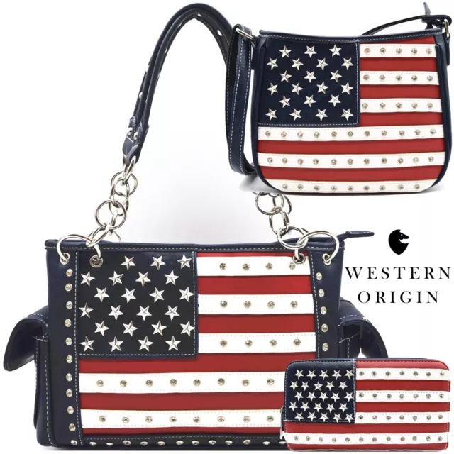 American Flag Purse Stars and Stripe Women Handbag Studded Crossbody Wallet Blue