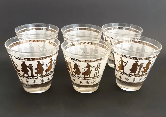 VTG Whiskey Lowball 6 Glasses Aldon Gold Frosted Greek Goddess Starburst
