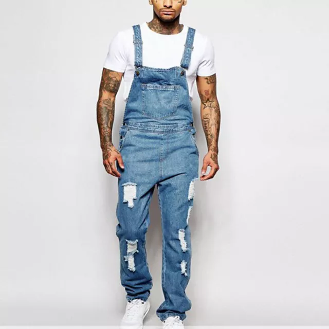 Mens Denim Dungaree Overalls Pants Trousers Bib Ripped Cargo Work Jeans Jumpsuit