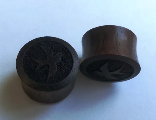 1Pair ORGANIC HandMade Swallow Sparrow Sono Wood Saddle Ear Plugs Tunnels Gauges