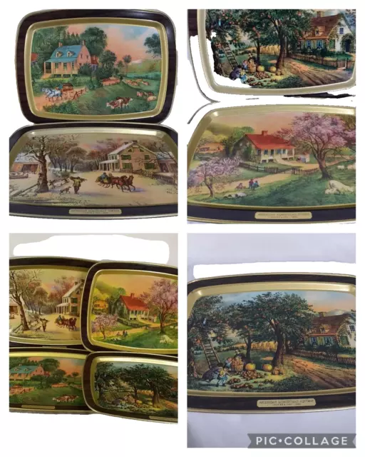 Four Currier & Ives American Homestead Winter Spring Summer Autumn Tin Vtg Trays