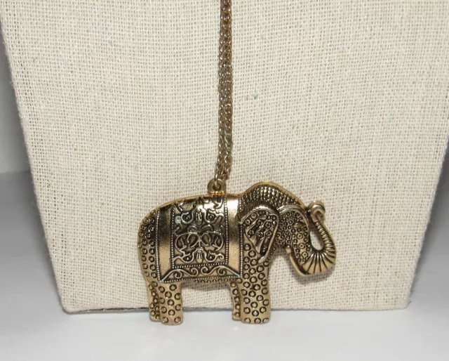 Lucky Elephant Pendant Necklace Brass Tone Trunk Up