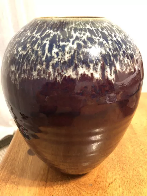 Stunning Hand Thrown Studio Art Pottery Vase Urn White, Navy, Cranberry “Stuart”