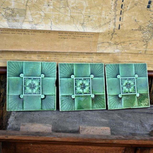 Antique 1900s Green Majolica Art Nouveau Tiles Relief Moulded Sunburst Design x3