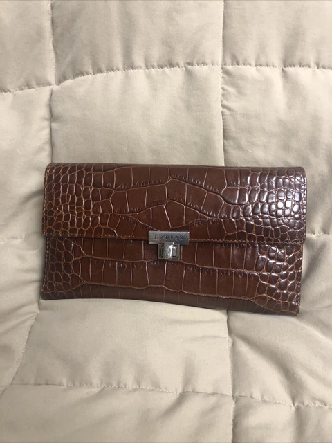 Vintage Ralph Lauren Women’s Clutch Leather Wallet Brown Embossed Croc