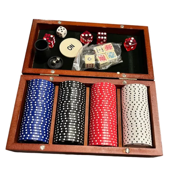 Harvard Brand Chips and Dice 100 Poker Chips Red White Black Blue