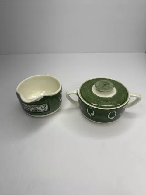 Colonial Homestead By Royal Green And White Creamer And Sugar Bowl With Lid