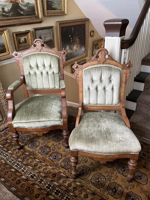 Pair of Victorian Walnut Eastlake Upholstered Button Tufted Arm & Side Chairs