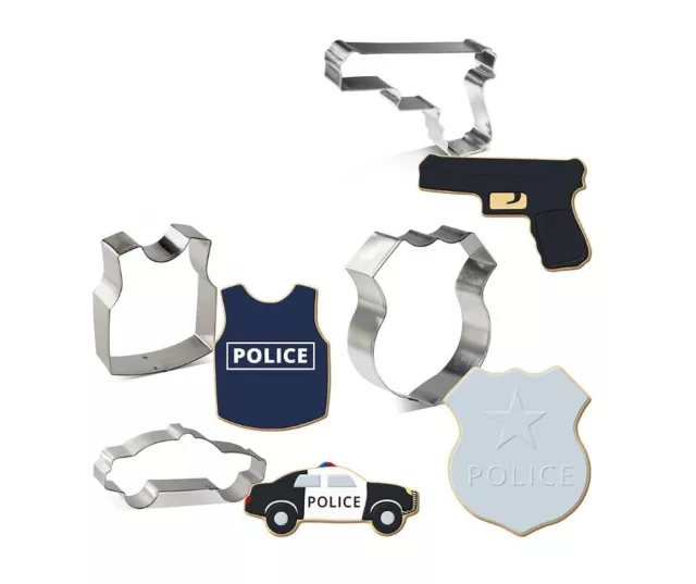 Police set of 4 cookie cutters, police badge 4.25", car 4', vest 3.5", handgun 4