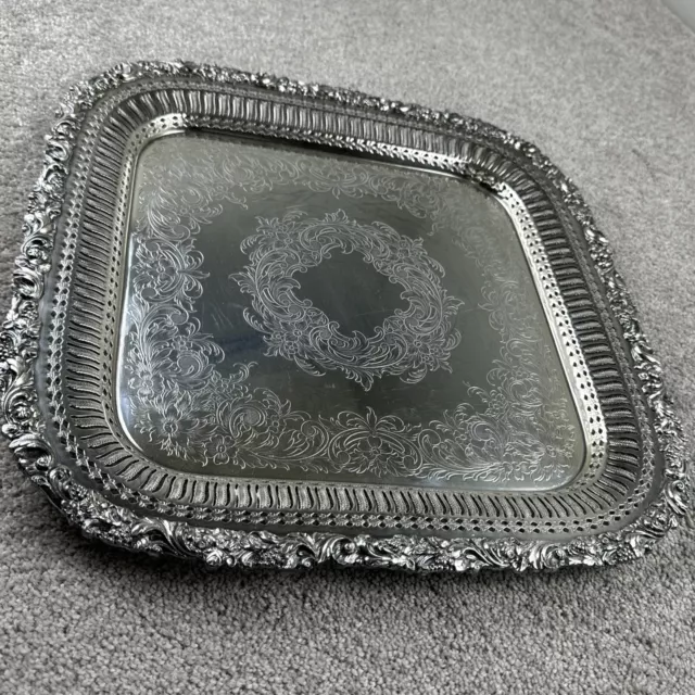 Vintage Square Silverplate Serving Tray With Pierced Border Design