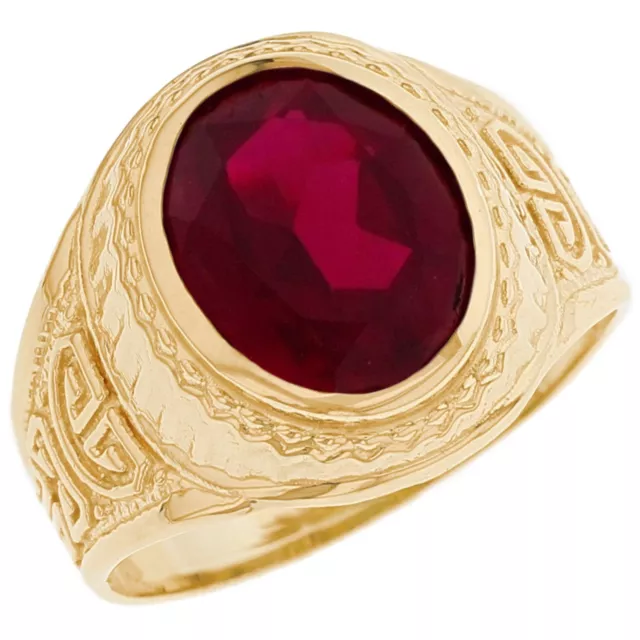 10k or 14k Real Gold Simulated Garnet Greek Design January Birthstone Mens Ring